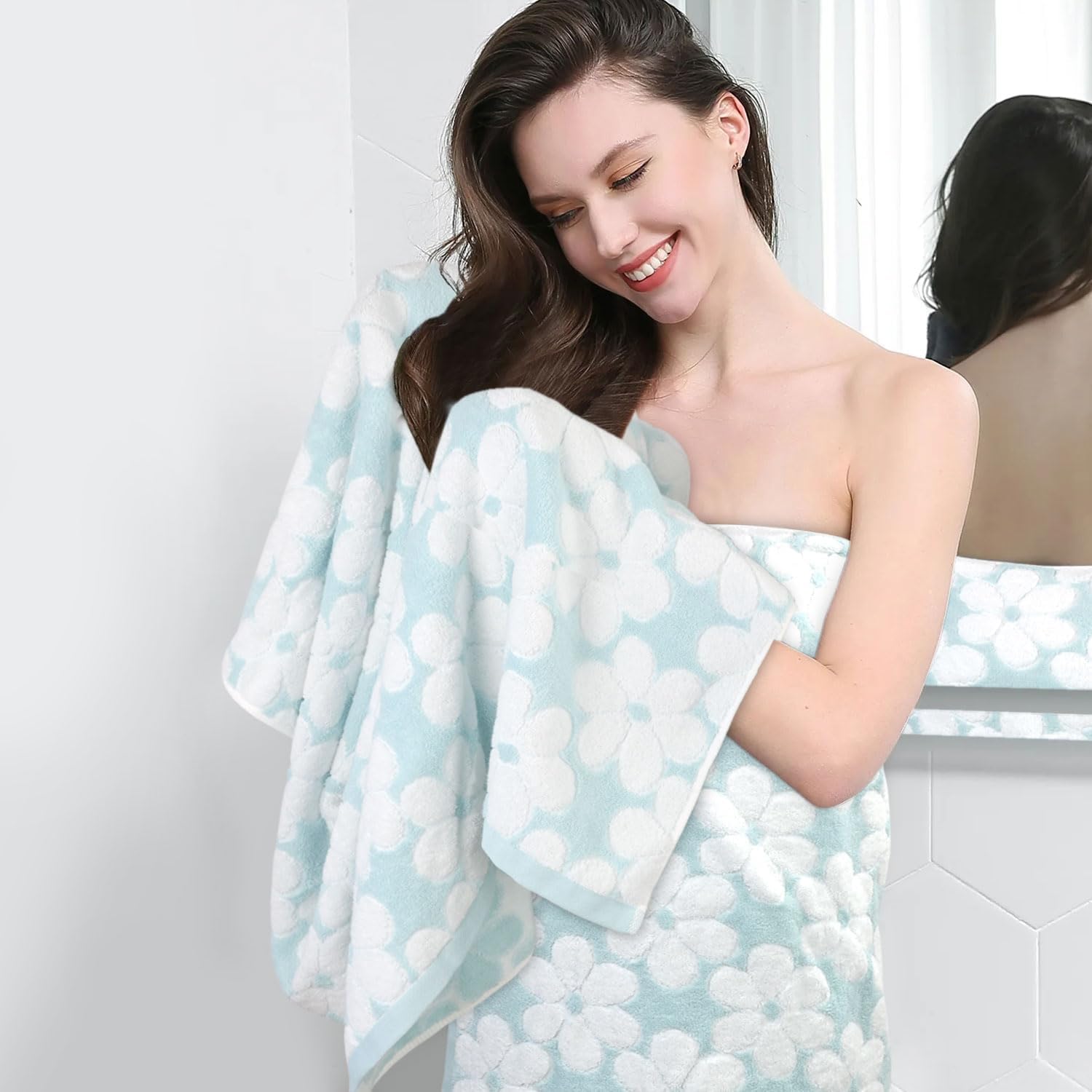 Cotton Towels For Bathroom Decor With Floral Jacquard, Super Soft And Absorbent Bath Towel Set Of 2, Large Size 27.5X55 Inches