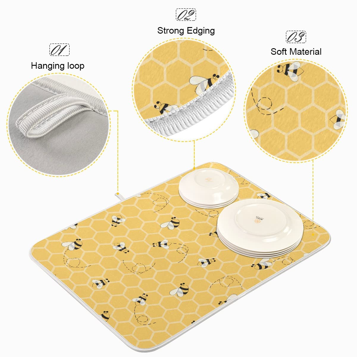 Funny Bees Honey Dish Drying Mat 18X24 For Kitchen Counter Yellow Bumblebee Beehive Dishes Pad Absorbent Fast Dry Dish Draining