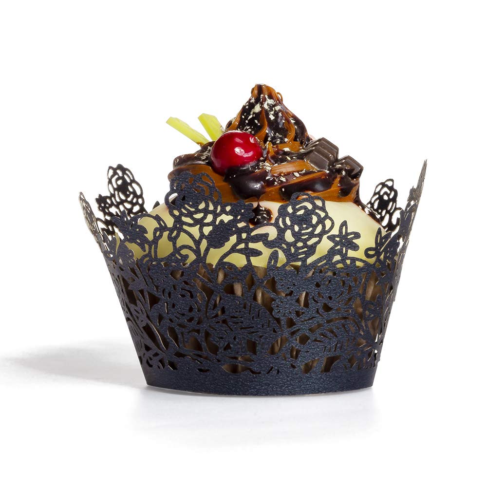 Yozatia 60Pcs Black Rose Lace Cupcake Wrappers Holders, Laser Cut Cupcake Liners Decorative Liners For Wedding Party Birthday Ca