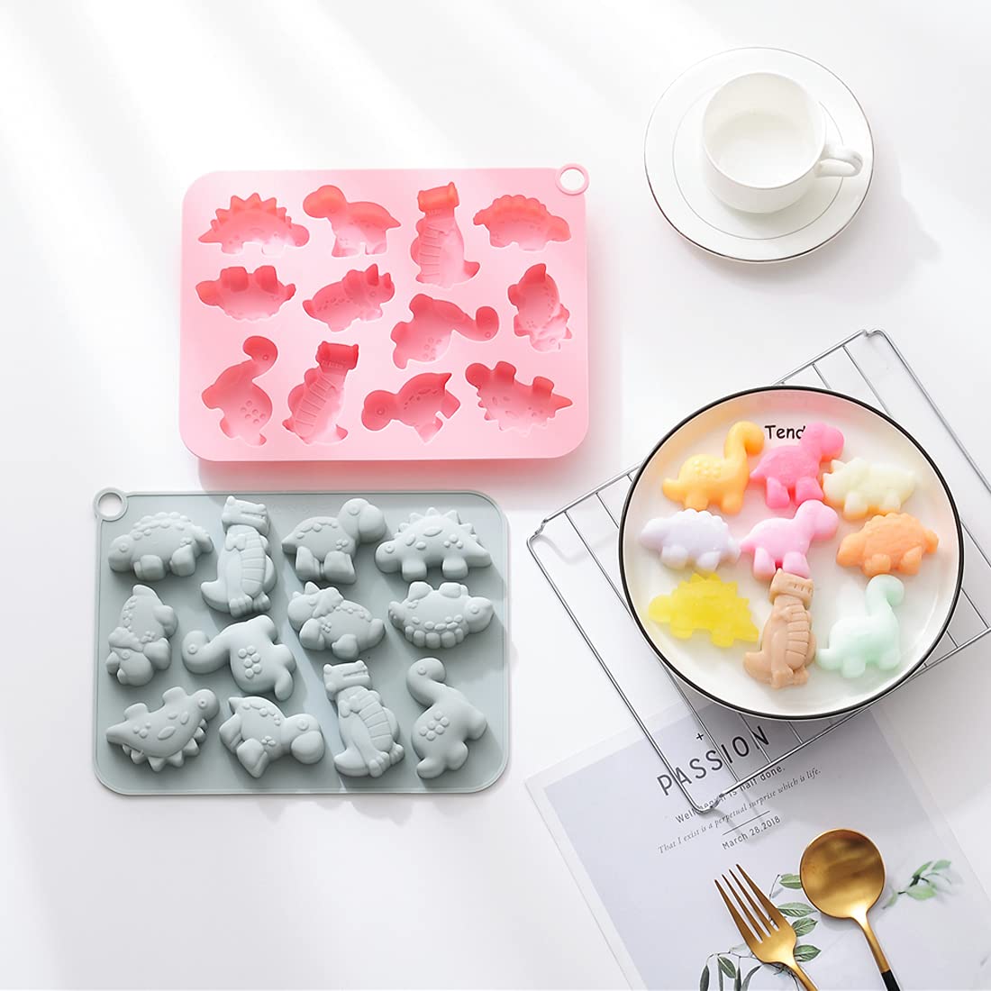 Jomihoney 2Pcs Cute Dinosaur Silicone Cake Molds Kid'S Cartoon 3D Dino Chocolate Gummy Mold Tray 12 Cavity Candy Fondant Mould C