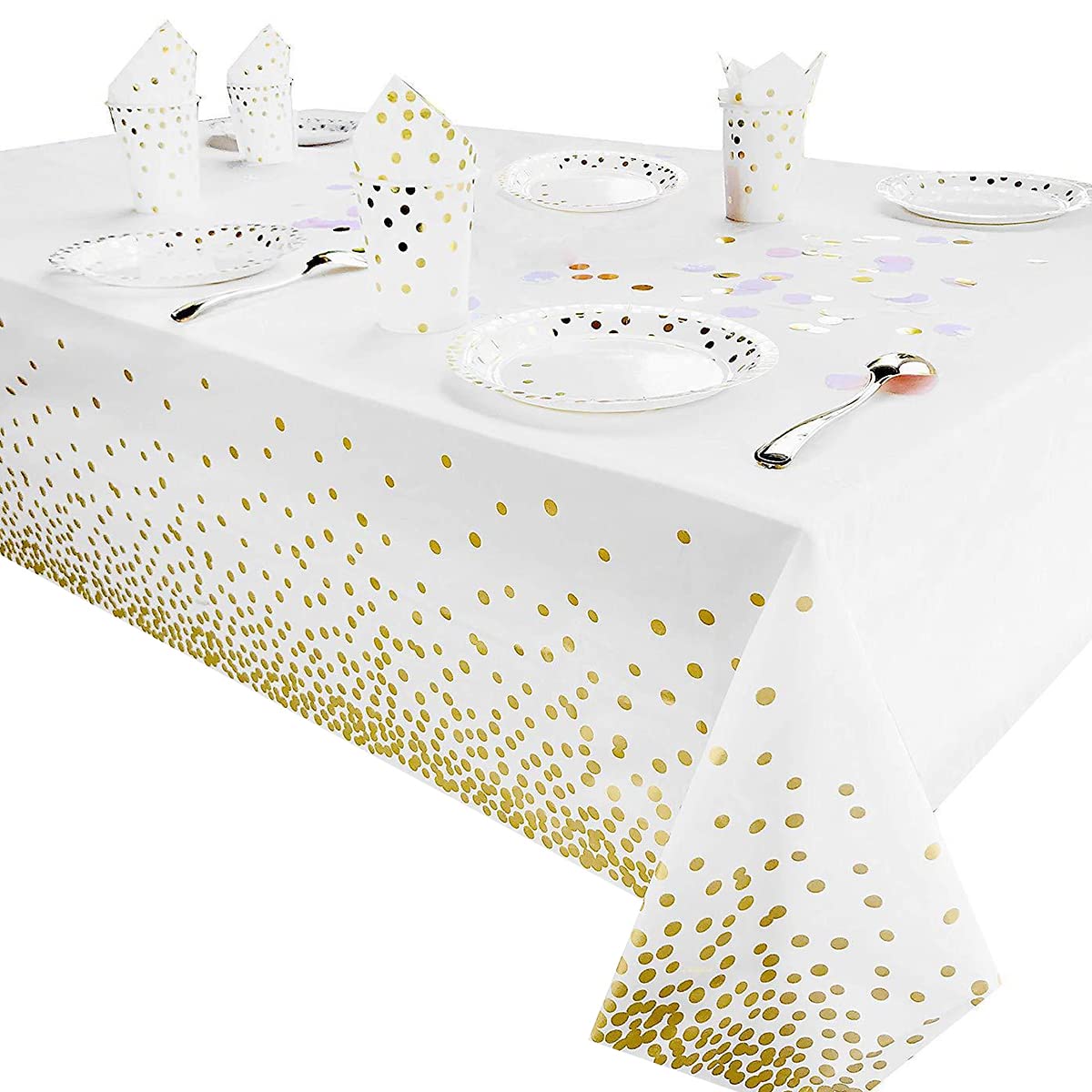 Jepeux 2 Packaging White And Gold Plastic Tablecloth, 54 Inch X108 Inch Rectangular Disposable Dot Party Table Cover, Suitable F