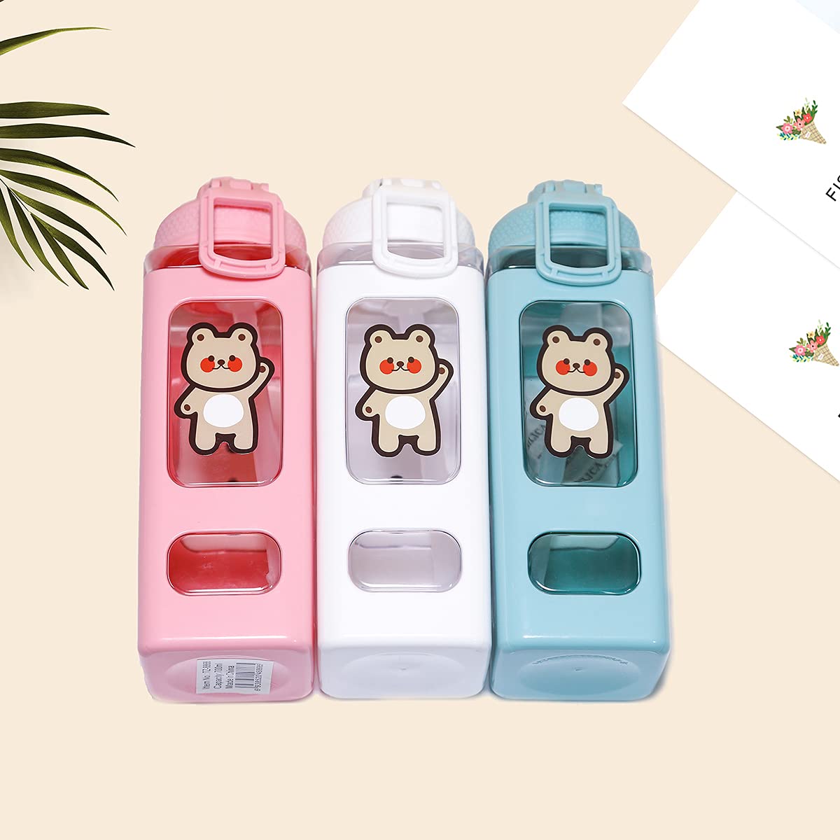 Pexizuan Kawaii Bear Water Bottle With Straw Sport Plastic Portable Square Drinking Bottle For Girl Cute Juice Tea Water Cups 70