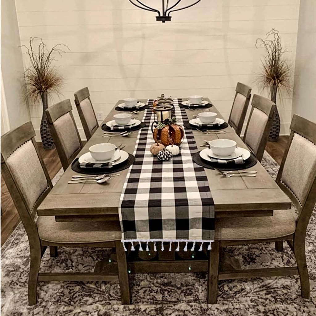 Duobao Black And White Checkered Table Runner 90 Inches Long Halloween Tablecloth Runners Buffalo Plaid Fabric With Tassels Ging
