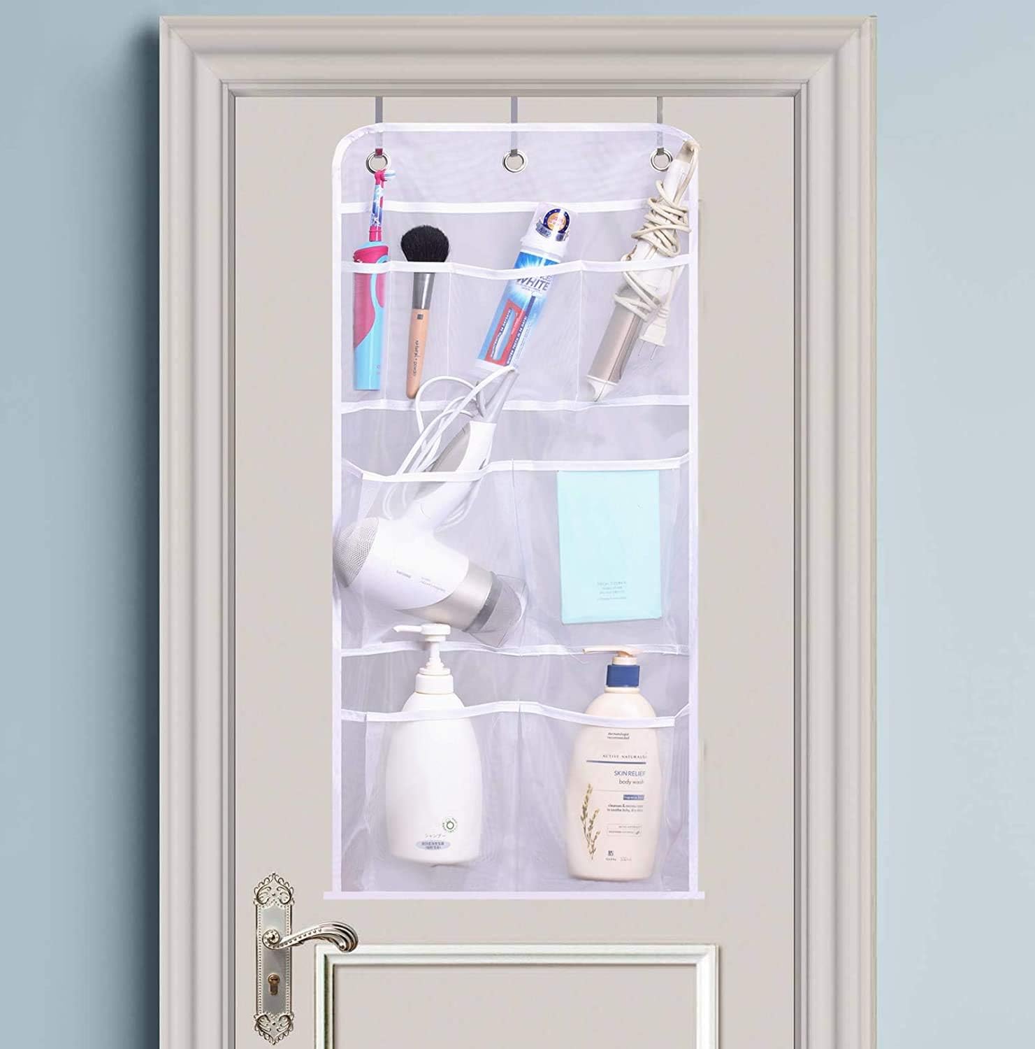 MISSLO Hanging Mesh Pockets Hold 340oz/1000ml Shampoo Shower Organizer with Over the Door Hooks and Shower Curtain Hooks