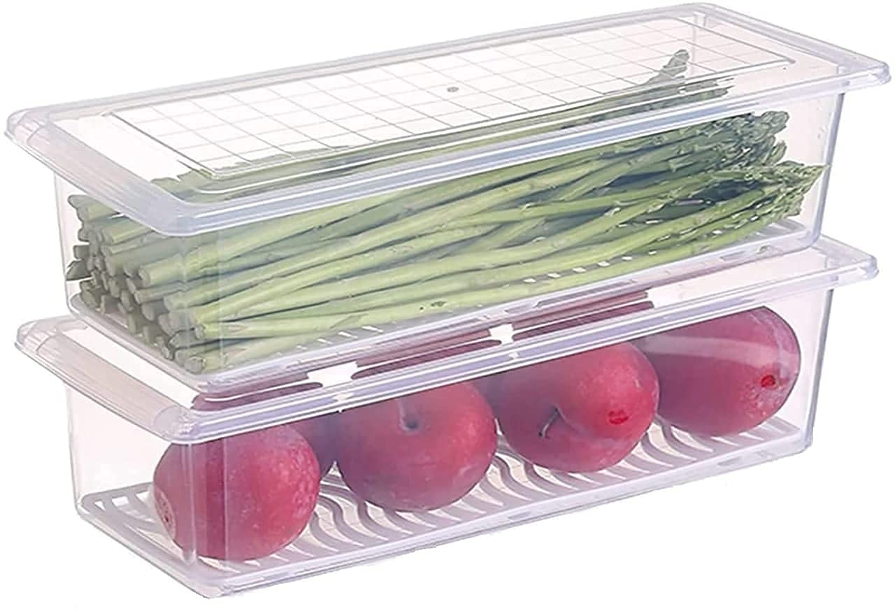 Primelife 2 Pcs Plastic Food Storage Container, Fridge Organizer Case With Removable Drain Plate Freezer Containers Keep Fresh F
