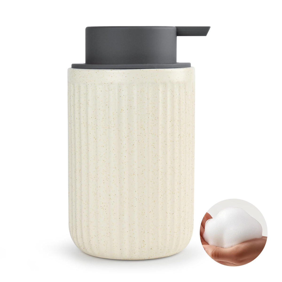 Abbi Nimo Beige Ceramic Foaming Soap Dispenser, Speckled Rippled 12 Oz Bottle With Gray Silicone Pump, Foam Dispenser For Kitche