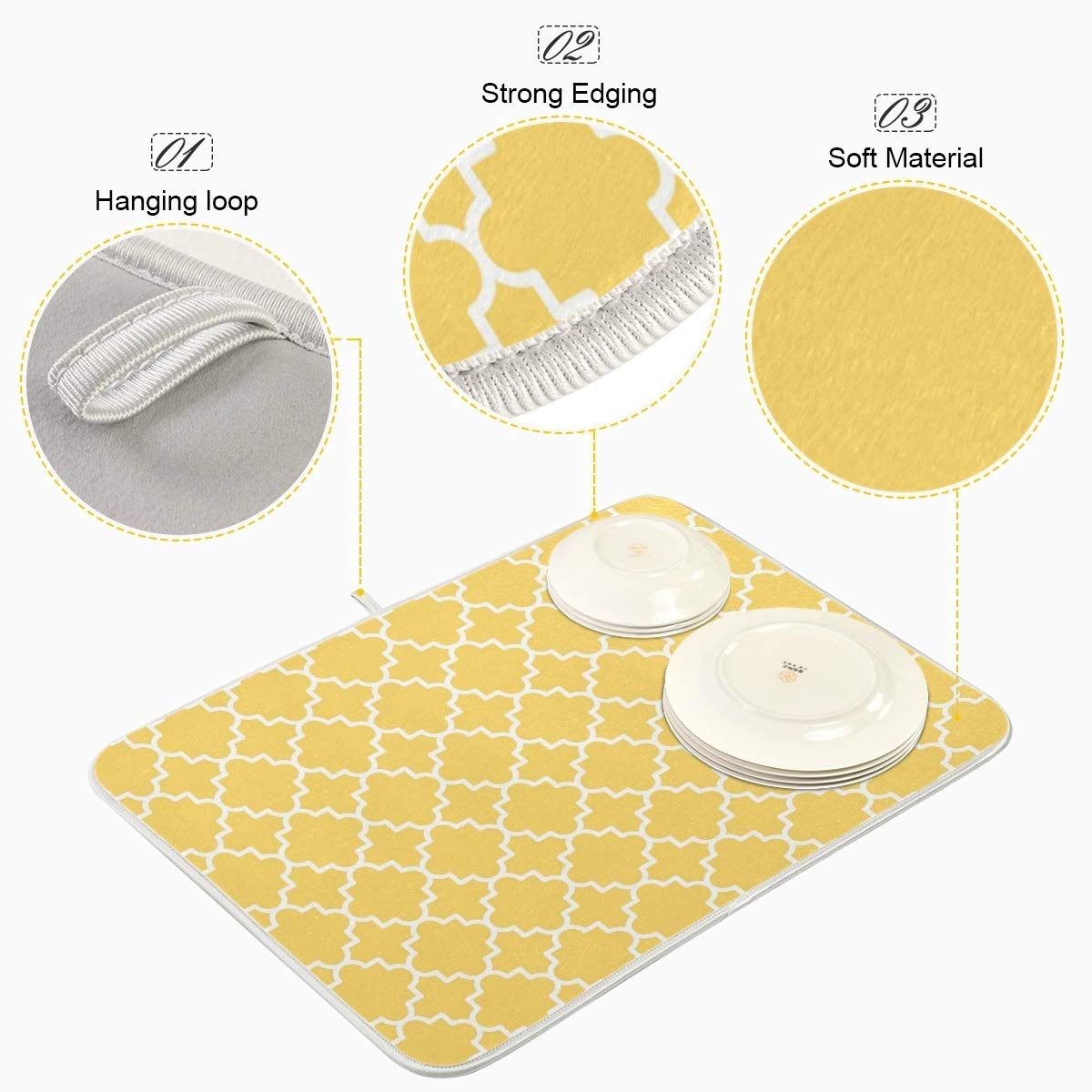 Suabo Yellow Geometric Lattice Dish Drying Mat For Kitchen, 16X18 Inch Microfiber Mat Absorbent Reversible