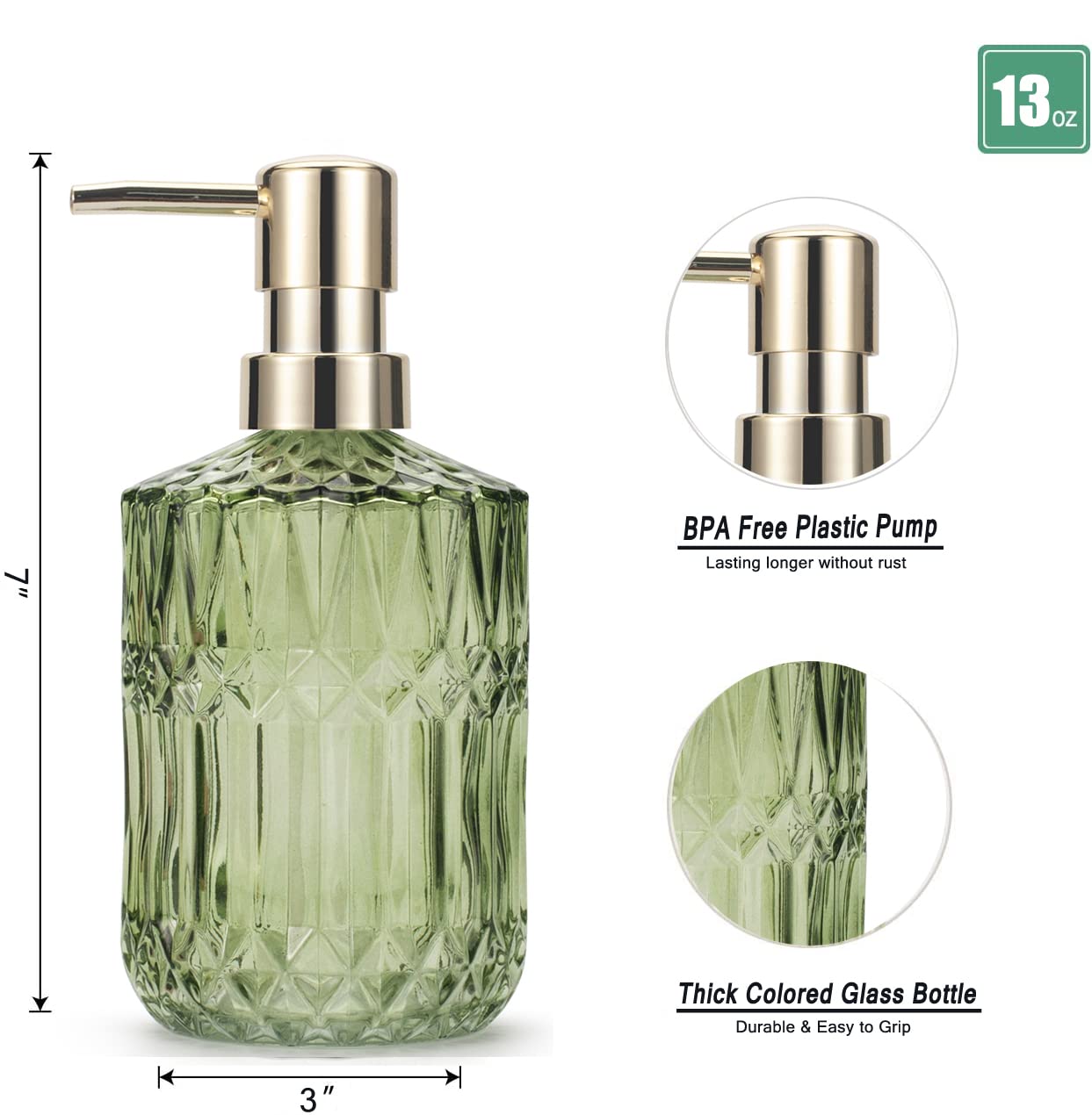Ivailex Glass Soap Dispenser Hand Soap Dispenser 12Oz/390Ml Soap Dispenser Bathroom Kitchen Soap Dispenser/Lotion Dispenser With