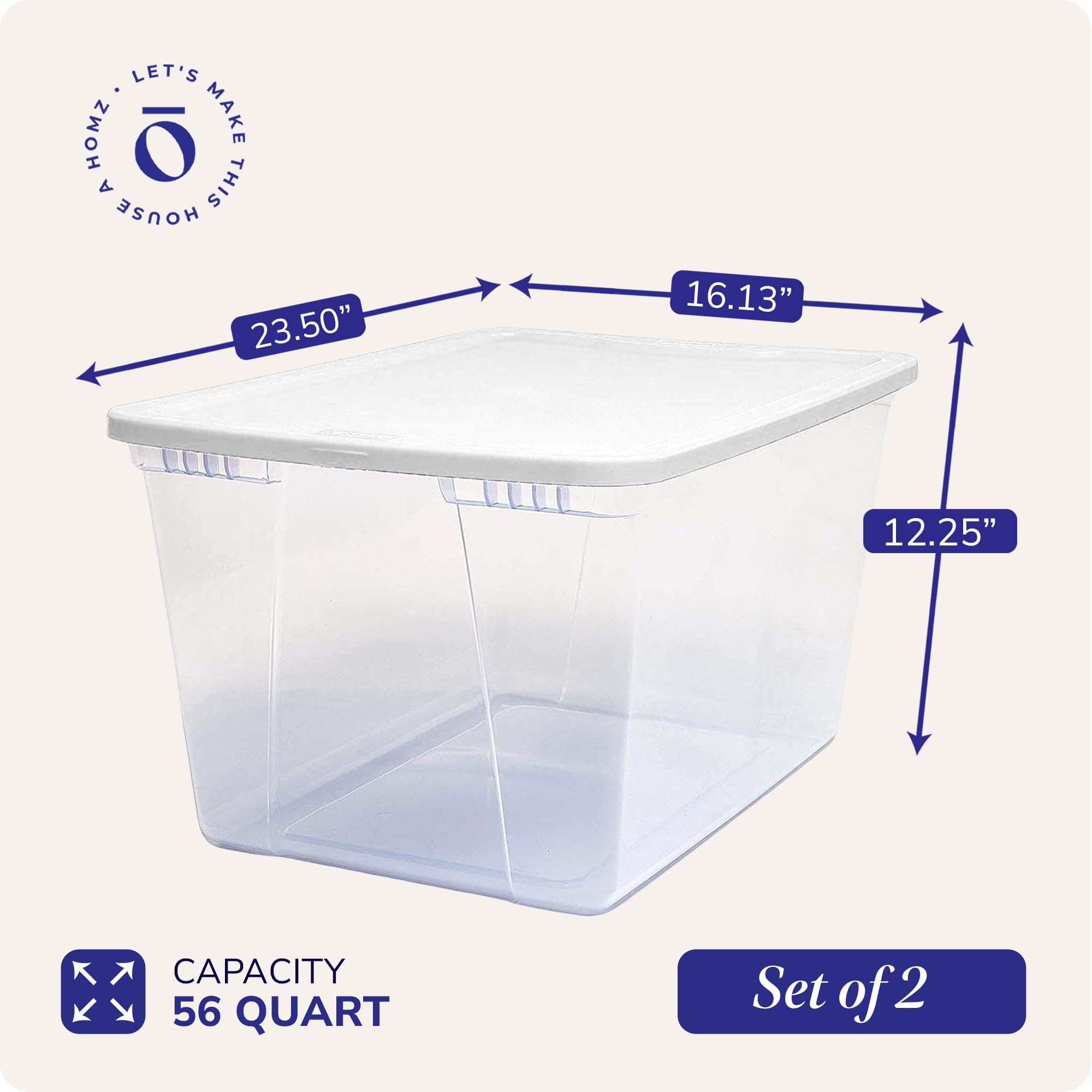 Homz 2 Pack Storage Bins, Clear Plastic Organizing Containers W/White Lids, 56 Quart