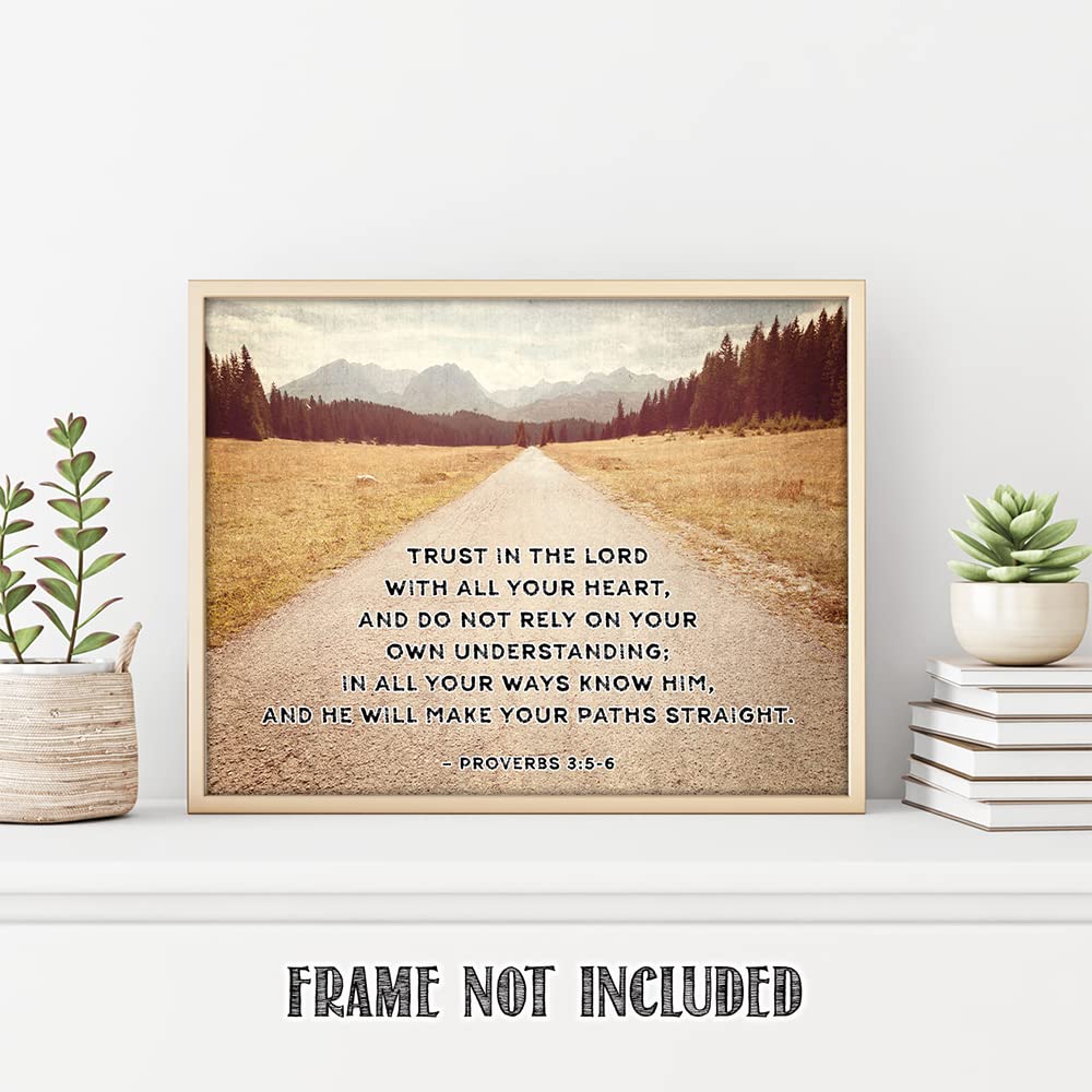TJ Originals Bible Wall Decor - Prov 3 5-6 Christian Quote Print, 11 x 14" Vintage Road Paper Inspirational Gift for Women