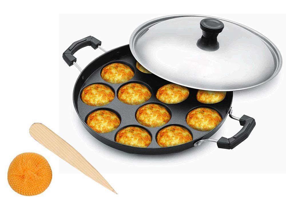 Whopper Non-Stick Cookware Appam Patra with Lid and Strong Handle (12 Cavity) for Making Litti, Paniyaram, Gunta Ponganalu, Smal