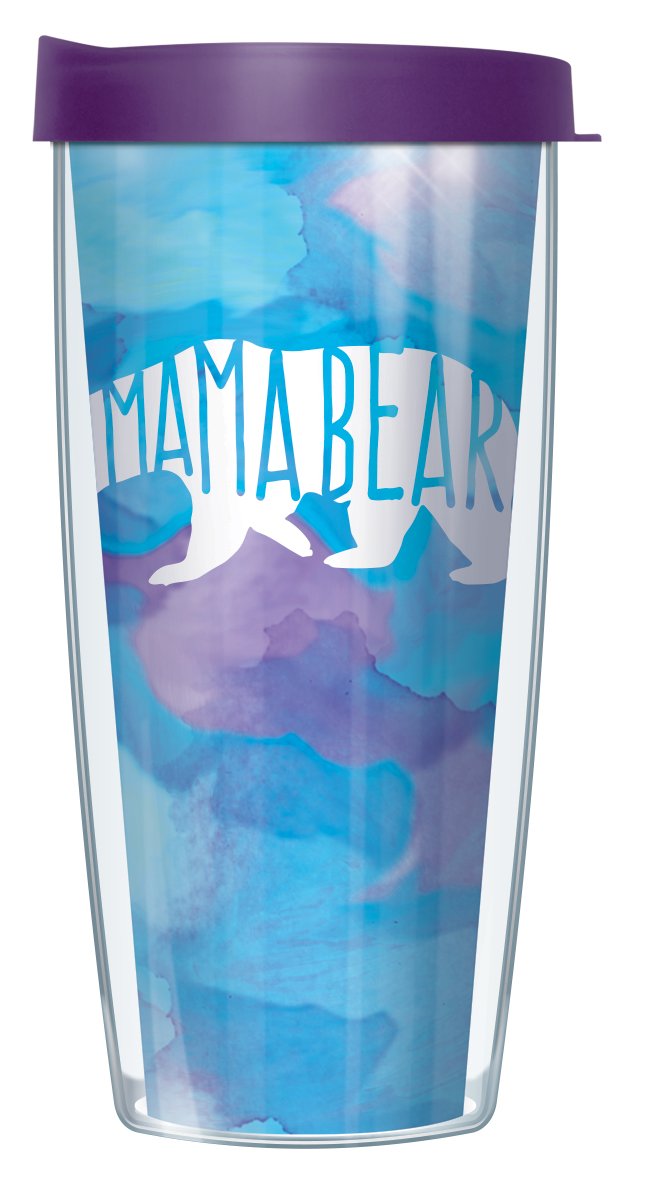 Signature Tumblers Mama Bear Wrap On Blue Watercolor 22 Ounce Double-Walled Travel Tumbler Mug With Eggplant Purple Easy Sip Lid