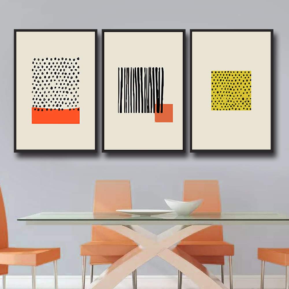 Idea4Wall Framed Wall Art Print Set Black Dot & Line Color Block Squares Abstract Patterns Digital Art Pop Art Bohemian Colorful