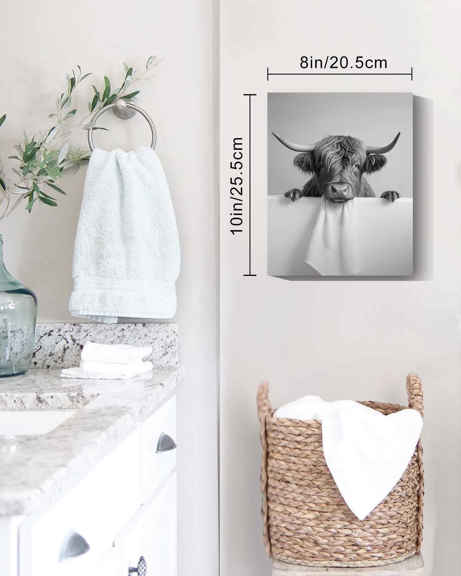 Funny Highland Cow Bathroom Wall Art Framed Black And White Rustic Cute Bathroom Canvas Prints For Bathroom Restroom Decor 8X10I