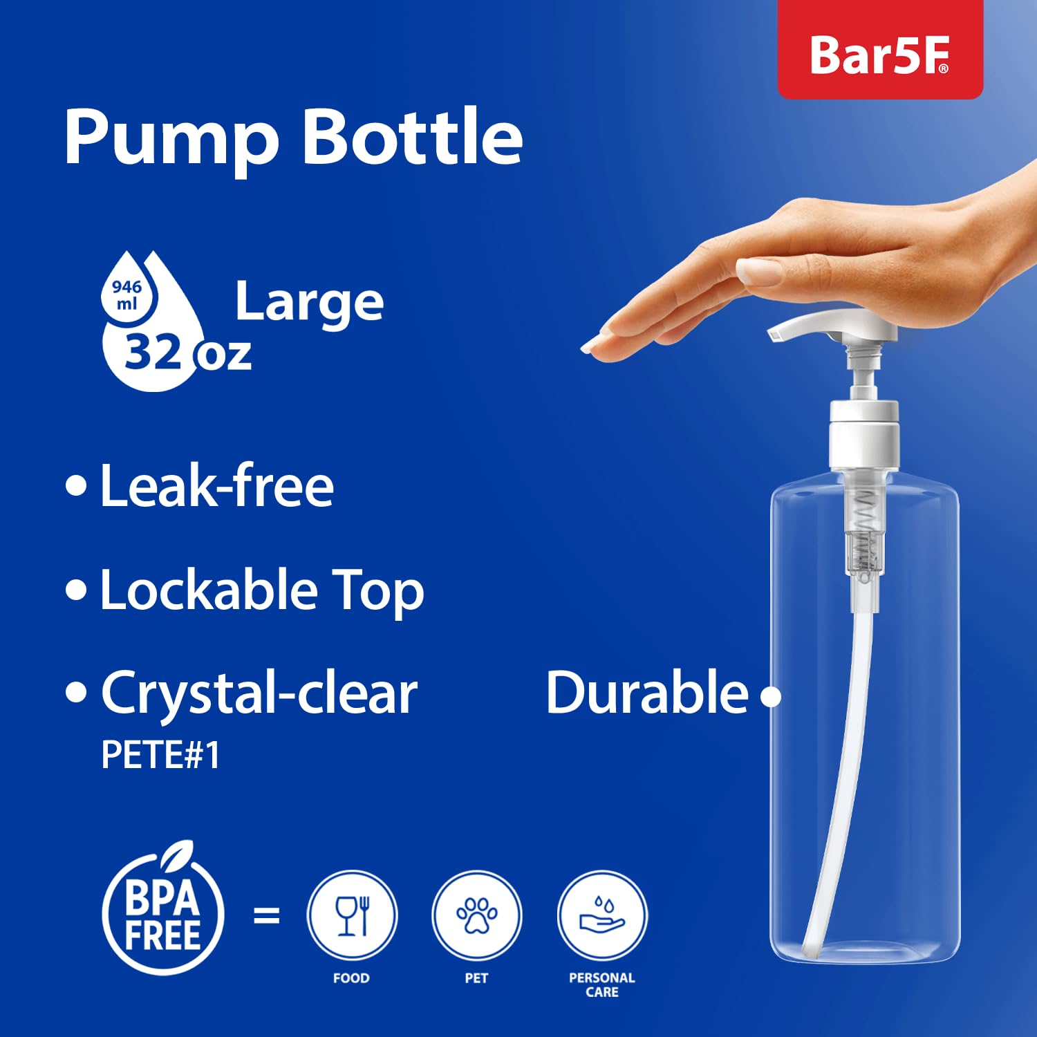Bar5F Pump Bottle (2-Pack 32-Ounce 1-Liter) Empty For Shampoo Conditioner Body Wash Lotion Bpa-Free Crystal-Clear