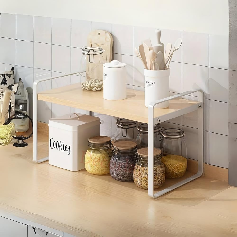 Decorlay Countertop Storage Rack  Metal & Engineering Wood SpaceSaving Organizer For Kitchen Spice Jars, Bathroom Essentials, 