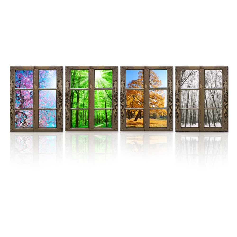 Ihappywall 4 Seasons Modern Landscape Window Frame Style Wall Decor Spring Summer Autumn Winter Season Changes Forest With Sunsh