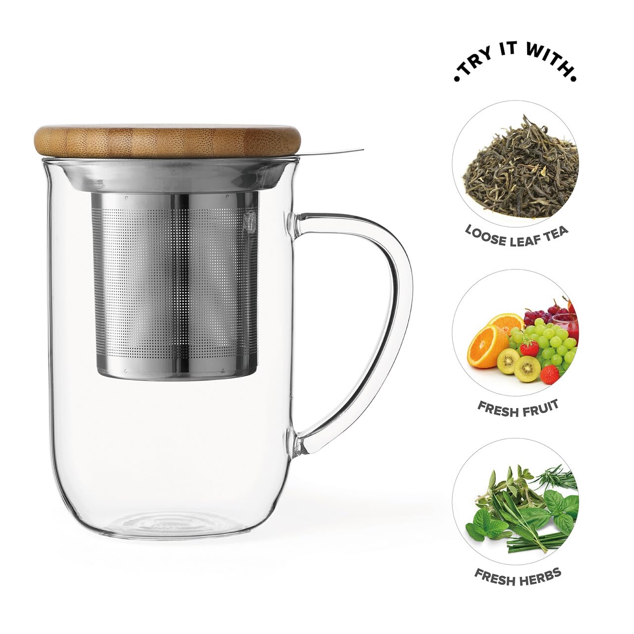 Viva Minima Balance Glass Infuser Tea Cup - 17 Oz / 500 Ml Mug With Stainless Steel Infusion Mesh And Bamboo Wood Lid