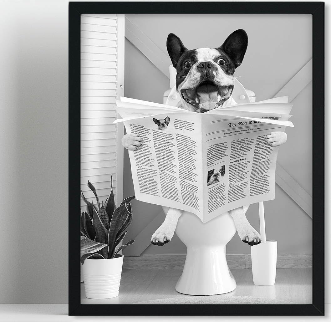 Biufo Framed Wall Art Dog On Toilet Wall Decor Canvas Print Poster Black White Picture For Bathroom Bedroom (8''X10'')