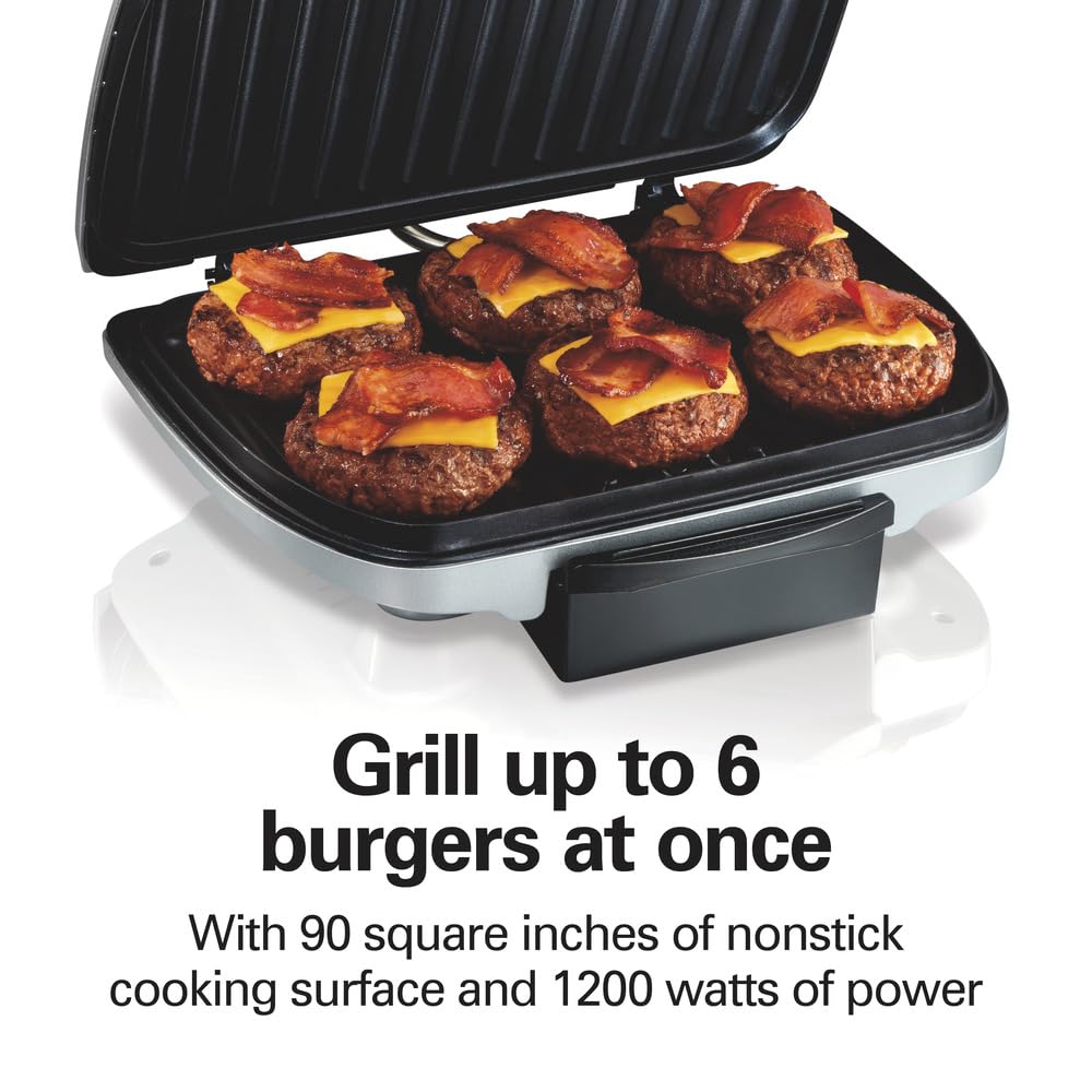 Hamilton Beach Electric Indoor Grill, 6-Serving, Large 90 Sq. In. Nonstick Easy Clean Plates, Floating Hinge For Thicker Foods,
