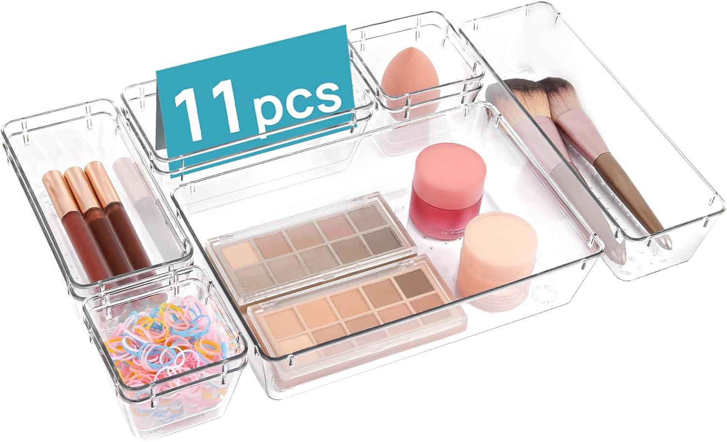 Blubasket 11 Pack Kitchen Drawer Organisers Set, 4Size Versatile Bathroom And Vanity Drawer Organizer Trays, Clear Plastic Stor
