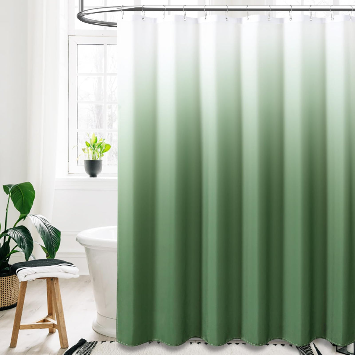 Bttn Sage Green Shower Curtain - Ombre Linen Textured Heavy Duty Fabric Shower Curtain Set With Plastic Hooks, Hotel Spa Luxury