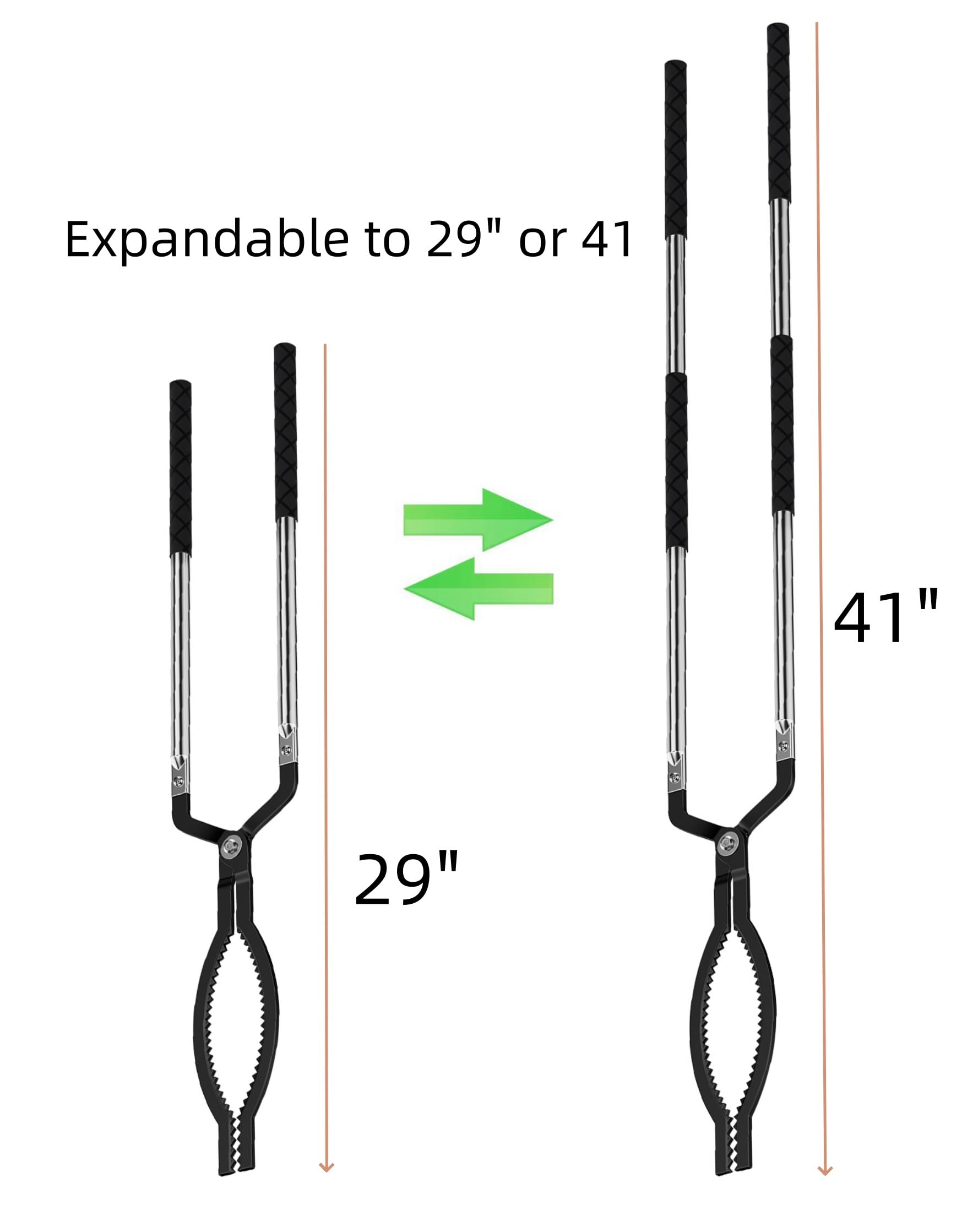 Raomeide 41 Inches Expandable Fire Tongs For Fire Pit Outside Heavy Duty Firewood Log Grabber Claw Stainless Steel Fireplace Too