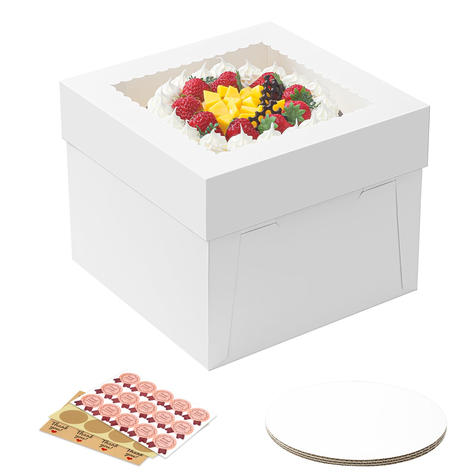Vorfre 5 Pack Cake Boxes, 10x10x8 Inches Tall Cake Box with Cake Boards, White Bakery Boxes with Window, Disposable Cake Contain