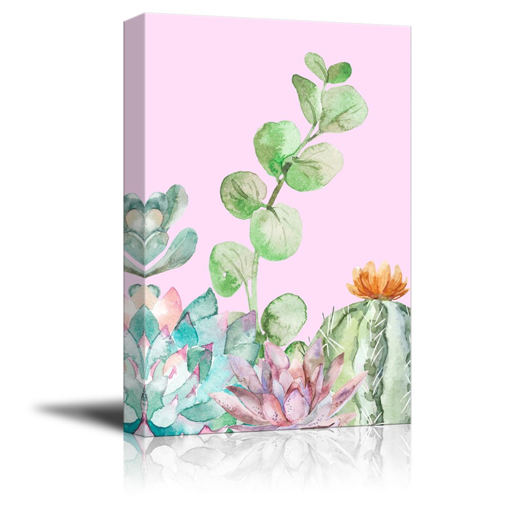 Wall26 Canvas Wall Art Succulent Plants Series - Watercolor Style Plants On Pink Background - Giclee Print Gallery Wrap Modern H