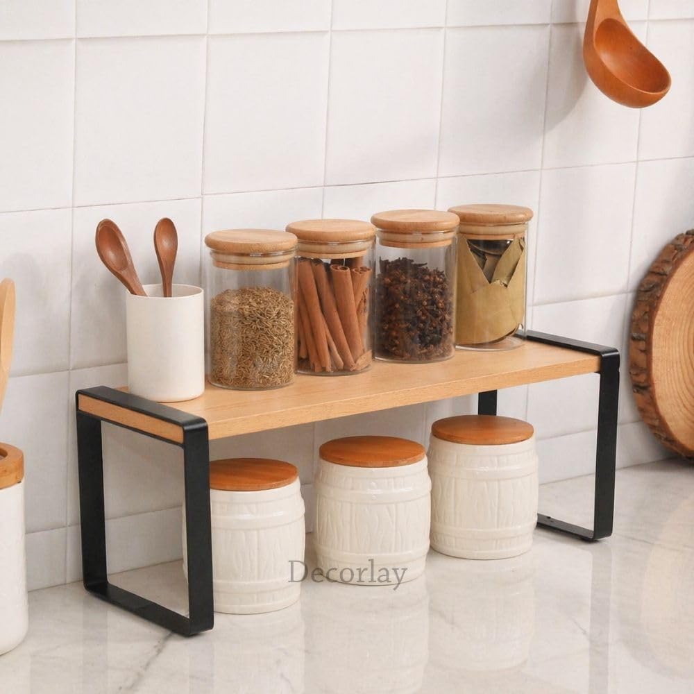 Decorlay Metal & Wooden Spice Rack Organizer Space Saver Countertop Storage for Kitchen, Bathroom, Office, and Cosmetics (Black