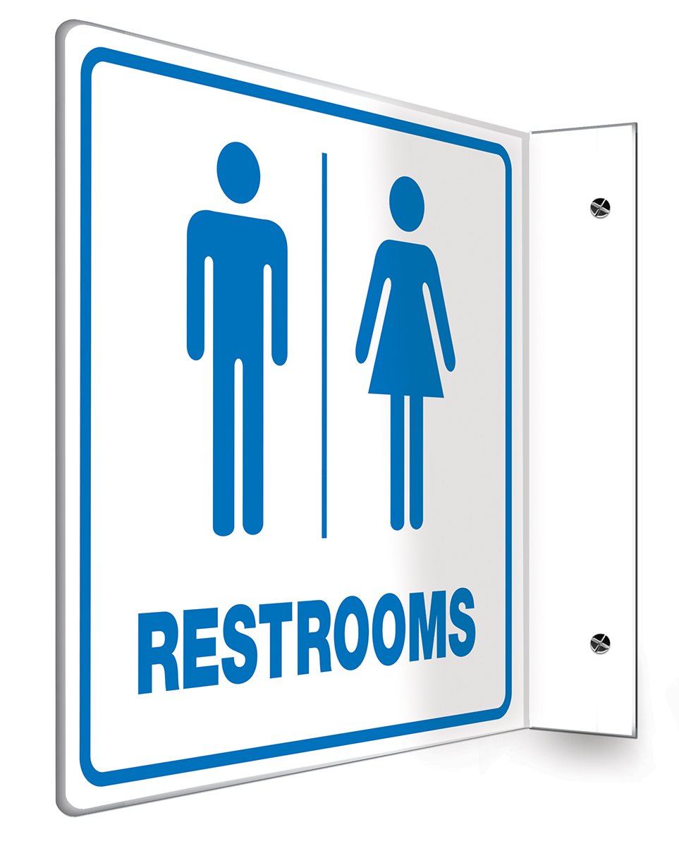 Accuform ''Restrooms'', 90D Projection Sign, 8'' X 8'' Panel, 0.10'' Thick High-Impact Plastic, Pre-Drilled Mounting Holes, Blue