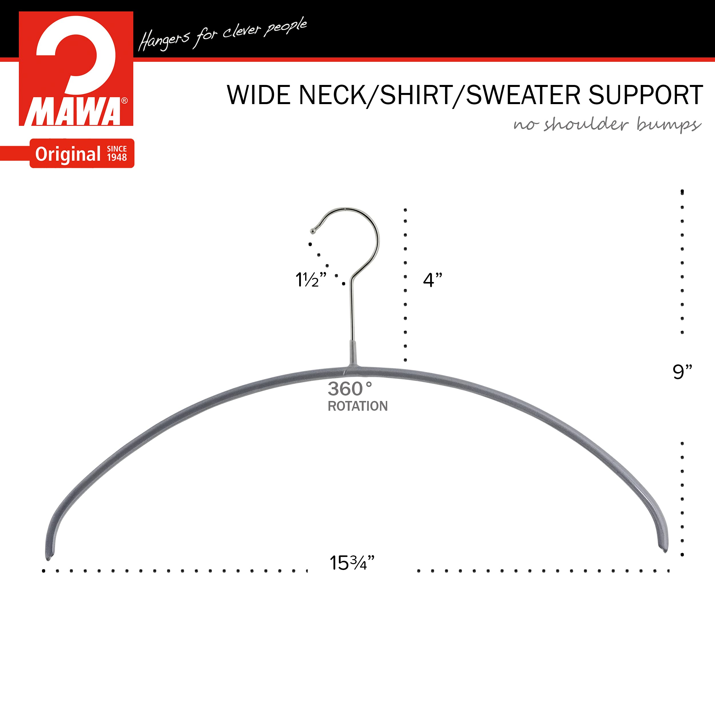 Mawa Euro Series Non-Slip Space Saving Clothes Hanger, Set Of 10, Silver Style 40/P, Pack Of 10, 10 Count (14148)