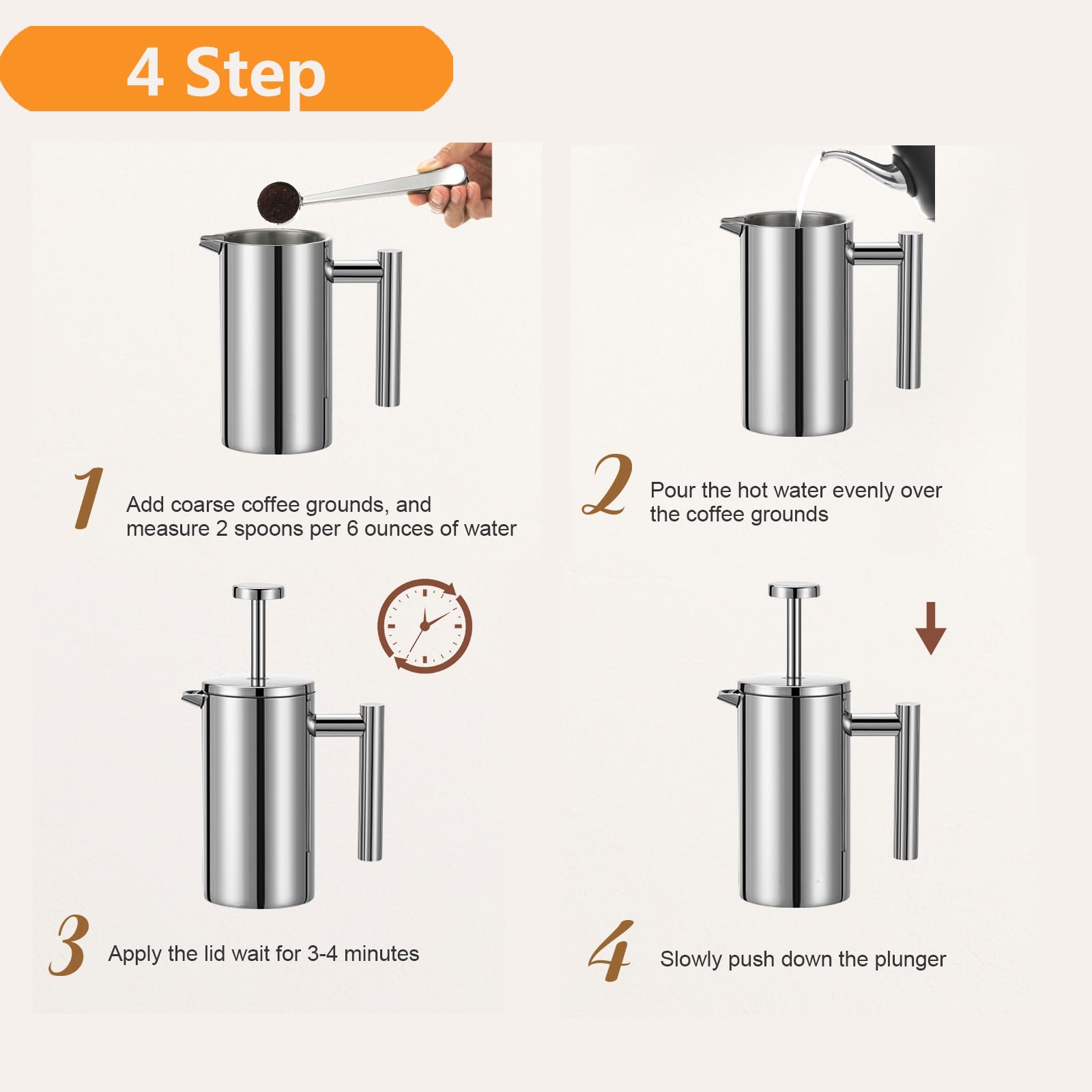 Meelio French Press Coffee Maker 34Oz, Double-Wall Insulated French Coffee Press Stainless Steel 1L For Travel Camping, Included