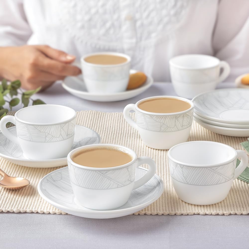 Larah By Borosil Premia Series Ivy 12Pc Opalware Tea/Coffee Cup & Saucer Set (140Ml Each) | Embossed Design, Microwave & Dishwas