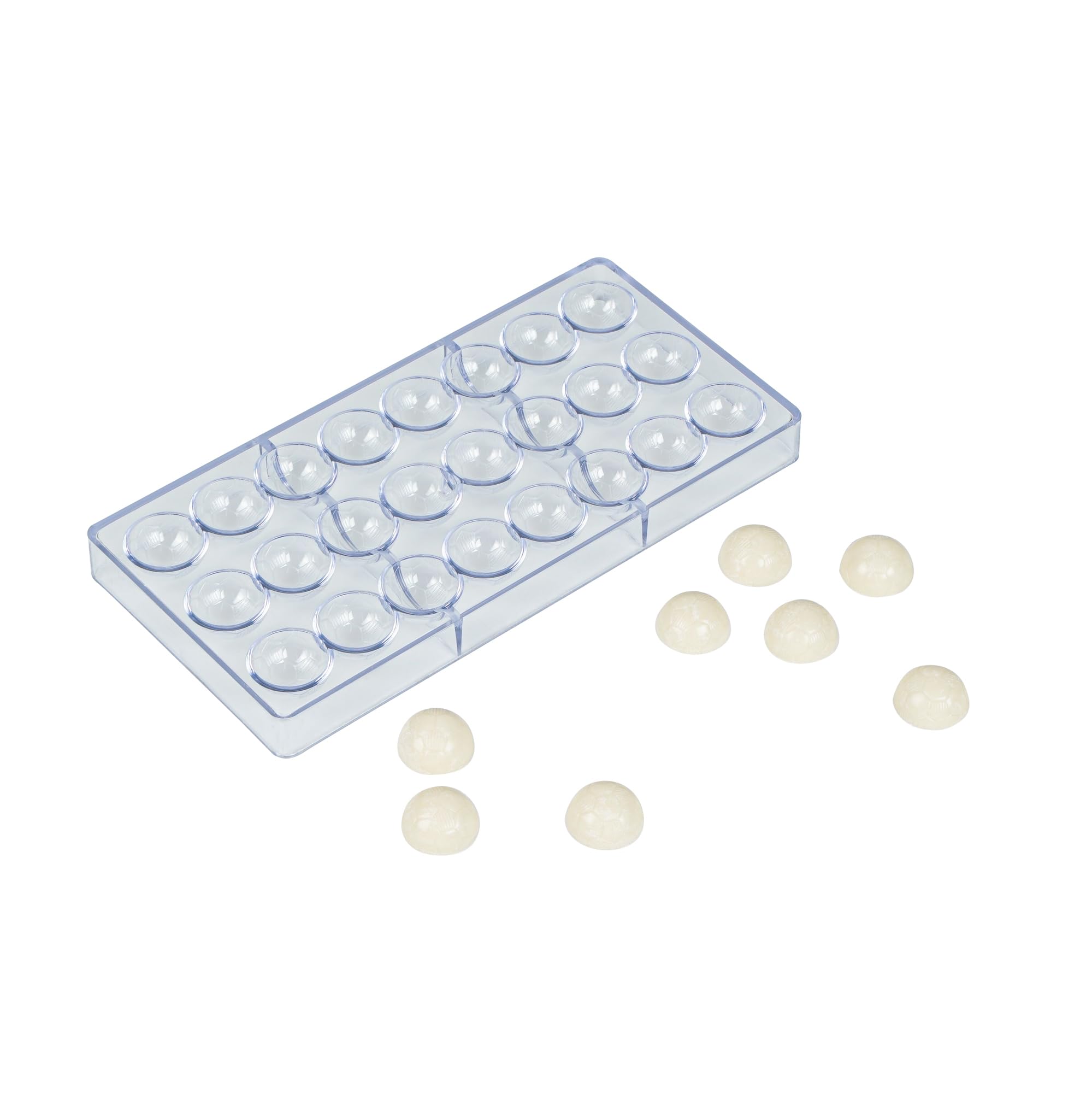 Restaurantware Pastry Tek 10.8 x 5.3 Inch Chocolate Shaping Mold 1 Freezable Candy Mold - 24 Cavities Soccer Ball-Shaped Clear P