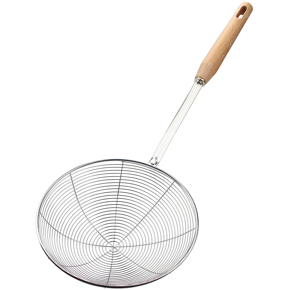 Spider Strainer, Slotted Spoon, 7.1 Inch Skimmer Spoon With Wood Handle, Stainless Steel Frying Spatula Large Strainer Ladle Met