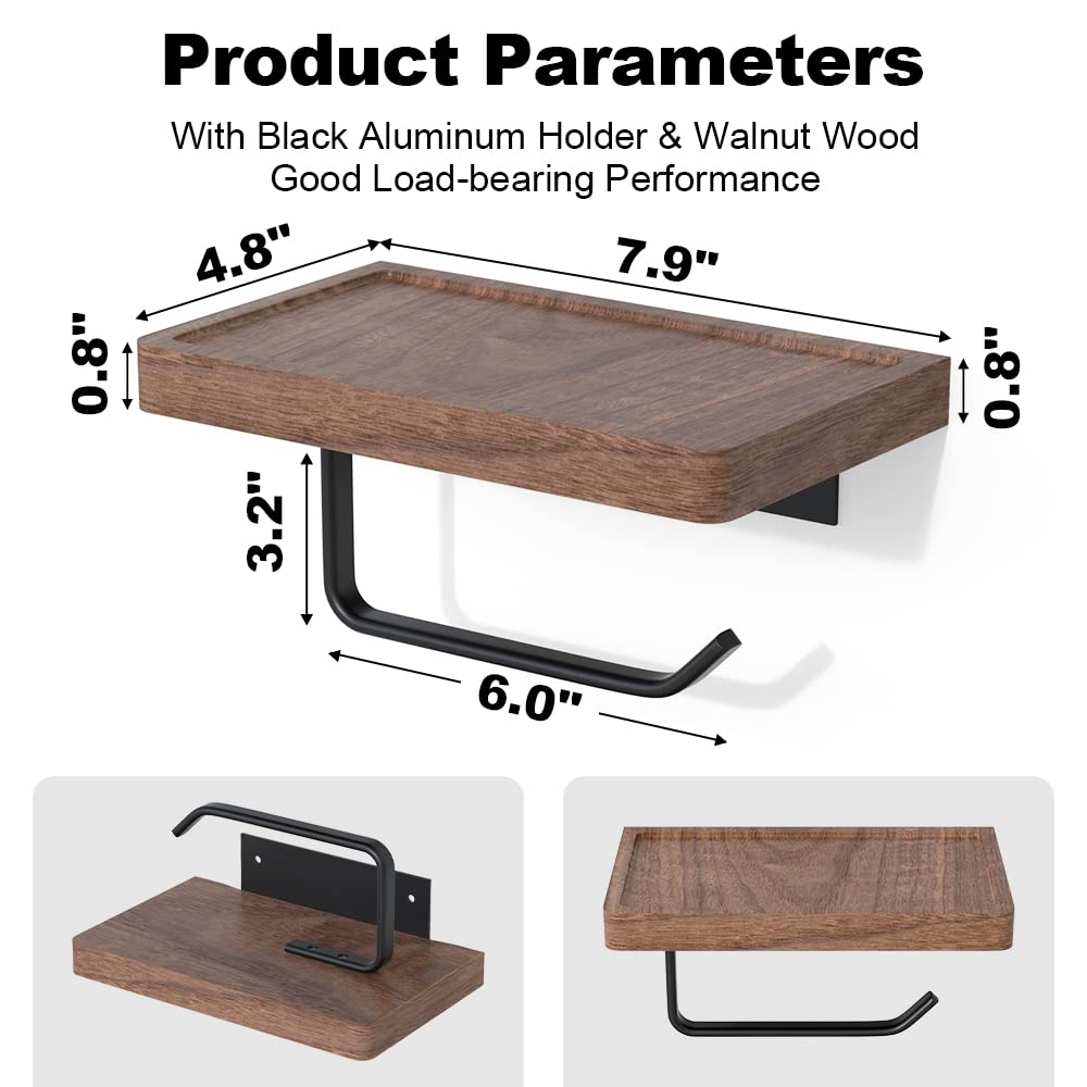 Iurrdop Toilet Paper Holder With Black Walnut Wood Shelf, Wall Mounted & Adhesive Mounted Wooden Shelf For Hanging Roll Tissue,