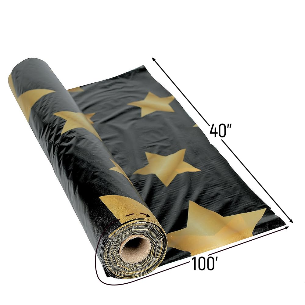 Fun Express Black With Gold Star Disposable Tablecloth Roll For Graduation (40 In X 100 Ft)