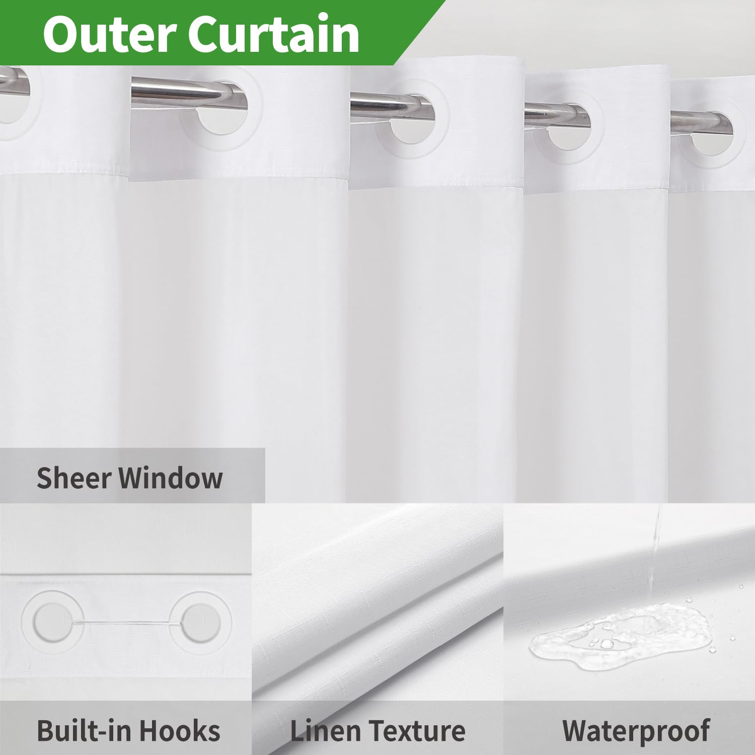 Eachope Long No Hooks Needed Linen Textured Shower Curtain With Snap-In Fabric Liner Set,White Hotel Luxury Decor Shower Curtain