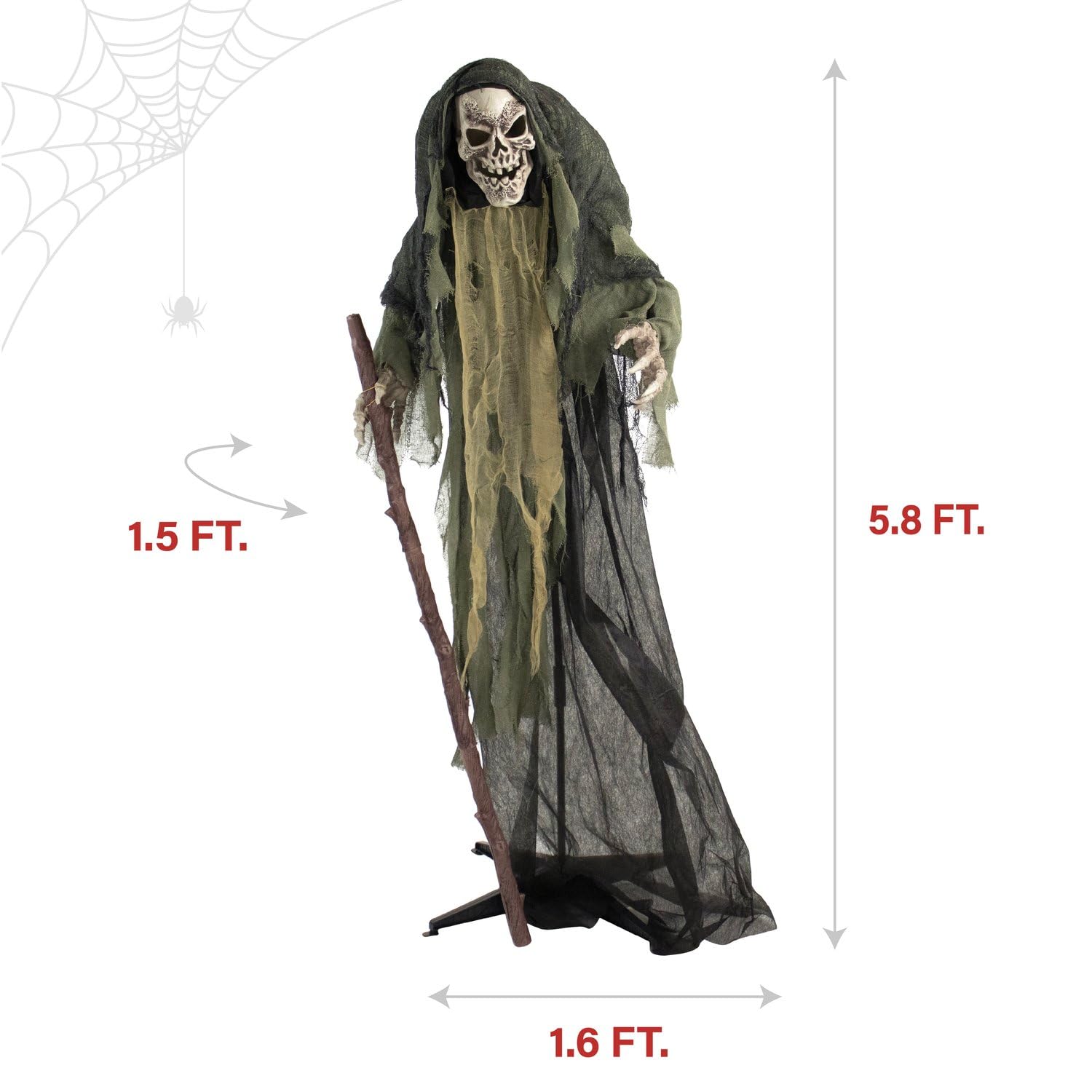 Haunted Hill Farm Life-Size Scary Skeleton Reaper Holding Staff, Halloween Animatronic with Touch Activated Lights and Sound, Ba