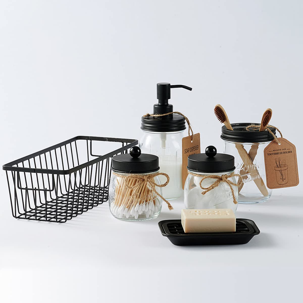 Premium Mason Jar Bathroom Accessories Set (6PCS) - Lotion Soap Dispenser Toothbrush Holder 2 Apothecary Jars(Qtip Holder)  Soap Dish Storage Organizer Basket - Rustic Farmhouse Decor (Black)