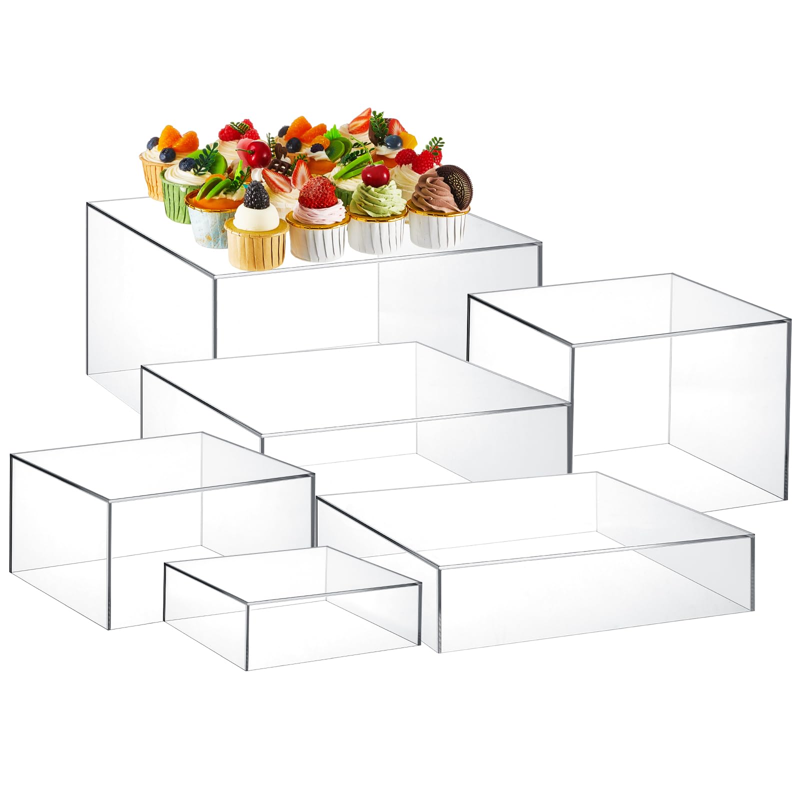 Leinuosen 6 Pcs Acrylic Buffet Risers Stands for Food Display Cubes Box, 6 to 11 Inch Square Catering Table Dessert Decorative f
