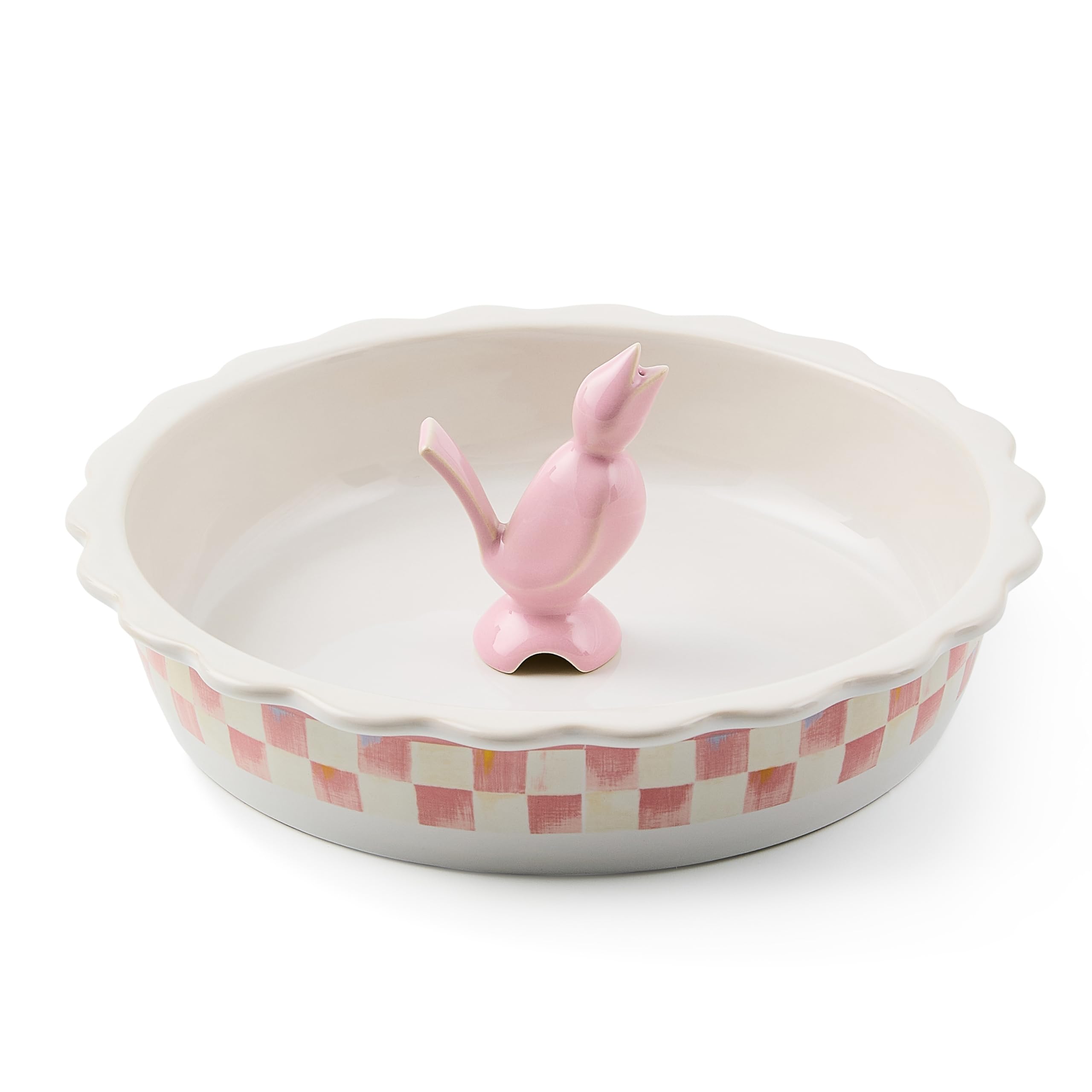 MACKENZIECHILDS Everyday Pie Plate with Pie Bird, Stoneware Pie Pan for Baking and Serving, PinkandWhite Rosy Check