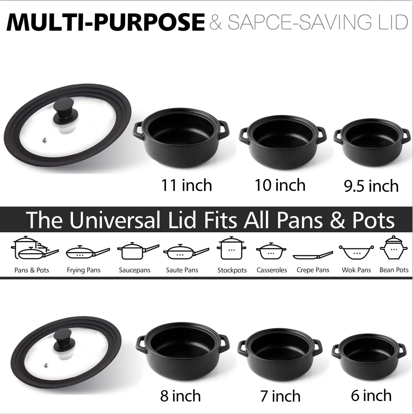 Anaeat Silicone Universal Lid For Pots, Pans And Skillets - Tempered Glass Covered With Heat Resistant Silicone Rim Fits All 6 T