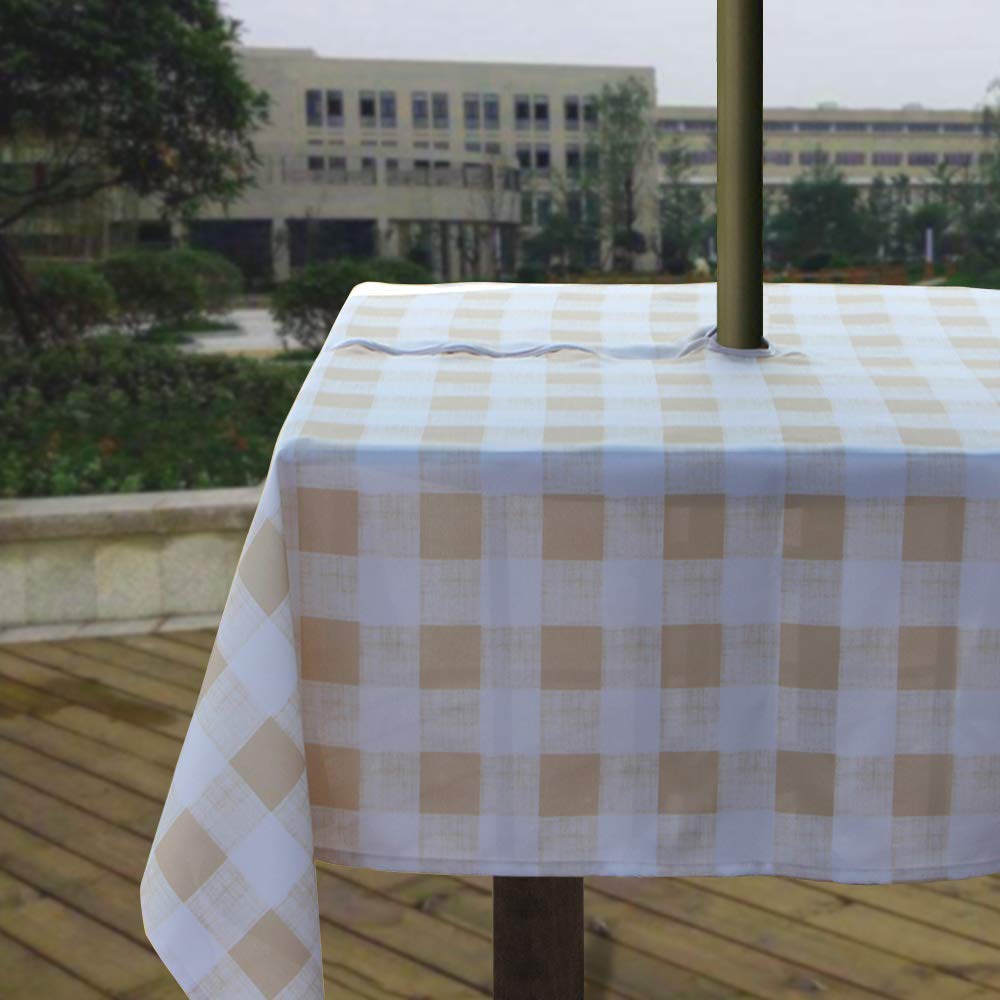 Melaluxe Spring/Summer Wrinkle-Free Waterproof Outdoor Tablecloth with Umbrella Hole and Zipper, Beige Checkered, 60 Inch Square