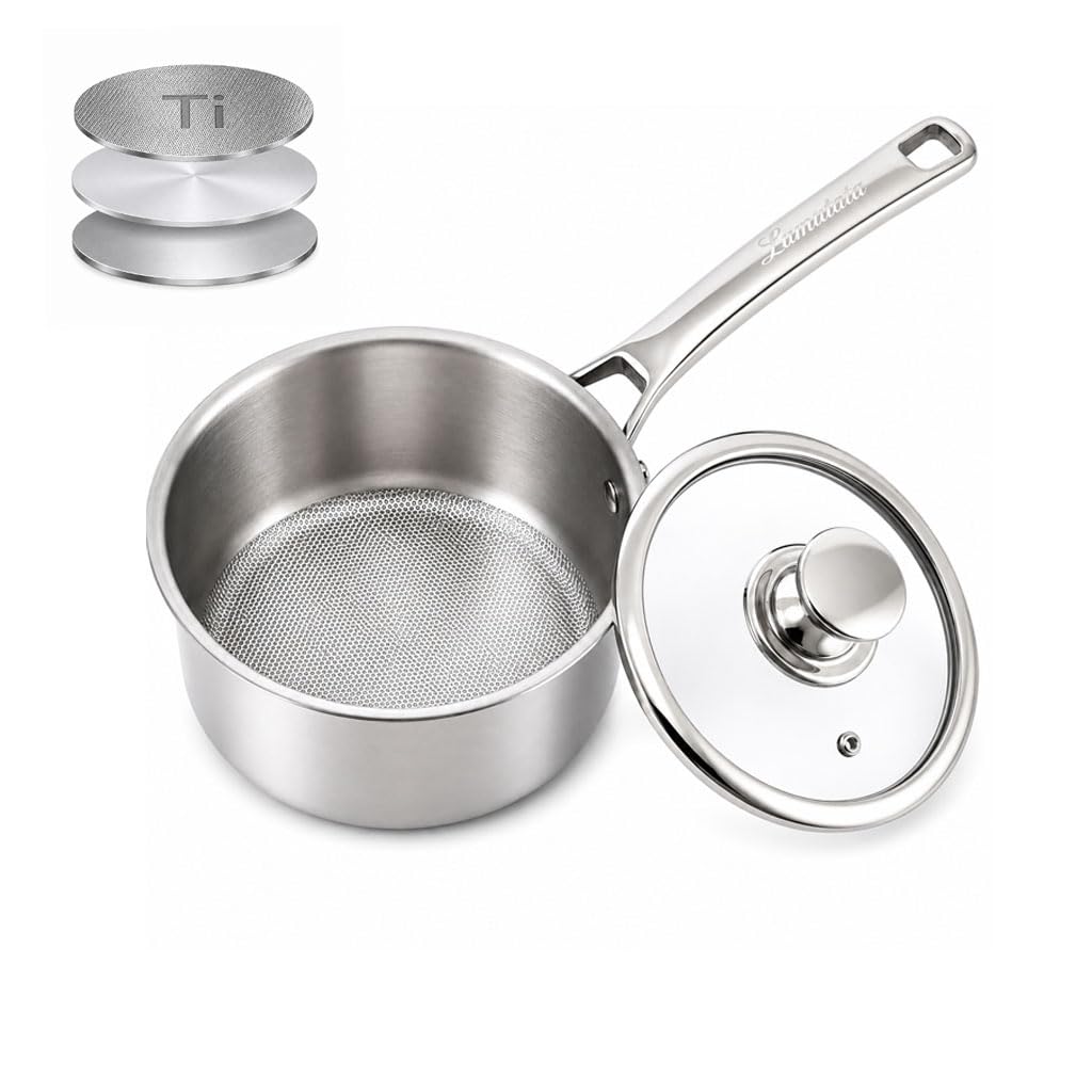 Pure Titanium Saucepan with Lid, 7.09 Inch CoatingFree Titanium Pot
