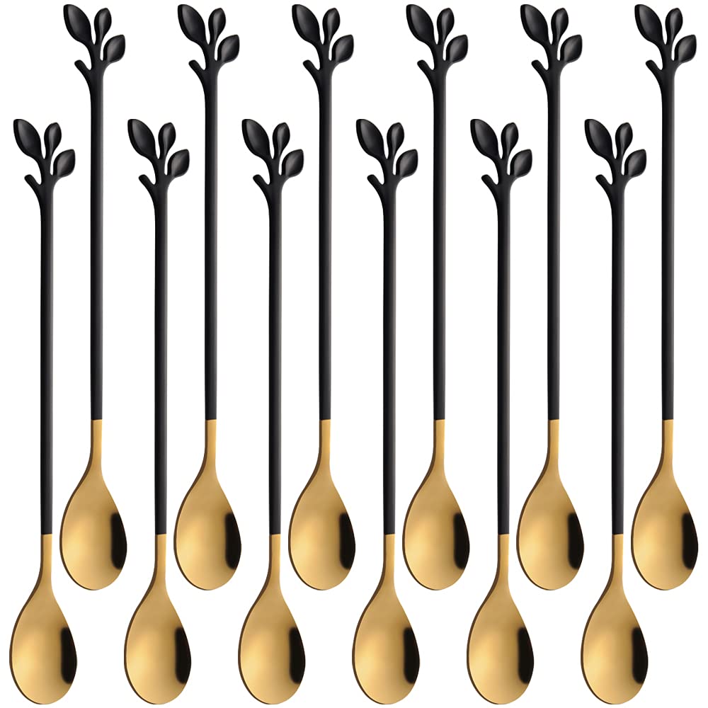 Ansaw Leaf Handle Long Teaspoons, 7.4 '' Black & Gold Coffee & Tea Stirring Spoons, Stainless Steel Coffee Stir Spoon Set Of 12