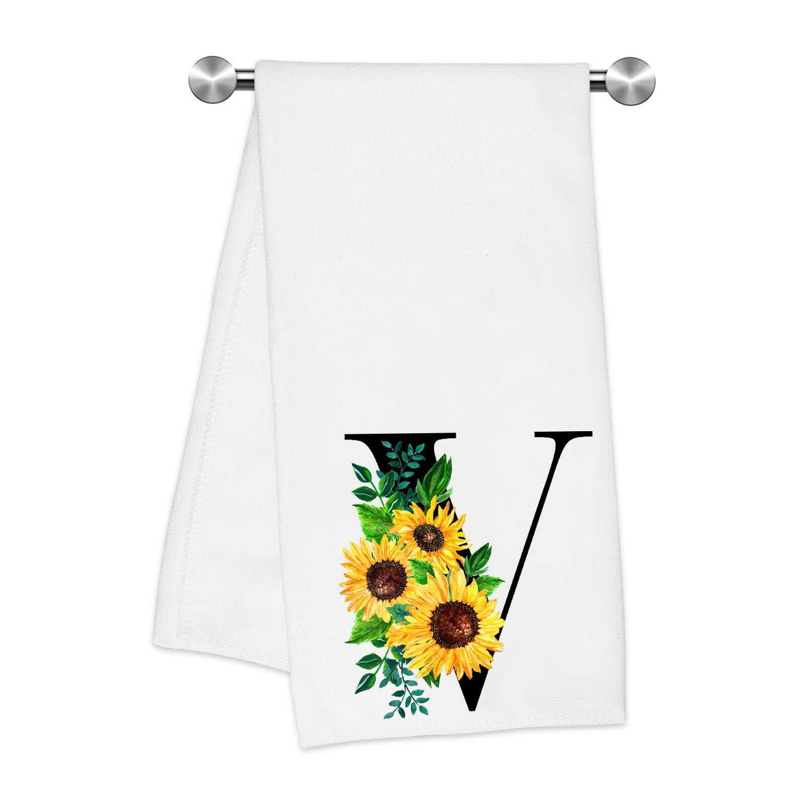Z-synka Monogrammed Sunflower Hand Towels,Ini-tial V Tea Towel Letter Kitchen Towels,Sunflower Gifts for Women,Monogram Dish Tow