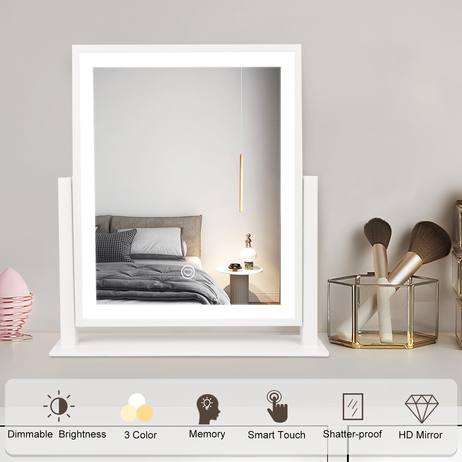 Beelux Vanity Mirror With Lights, Hollywood Lighted Makeup Mirror With Dimmable Light, Smart Control, Memory, Adjustable Warm Wh