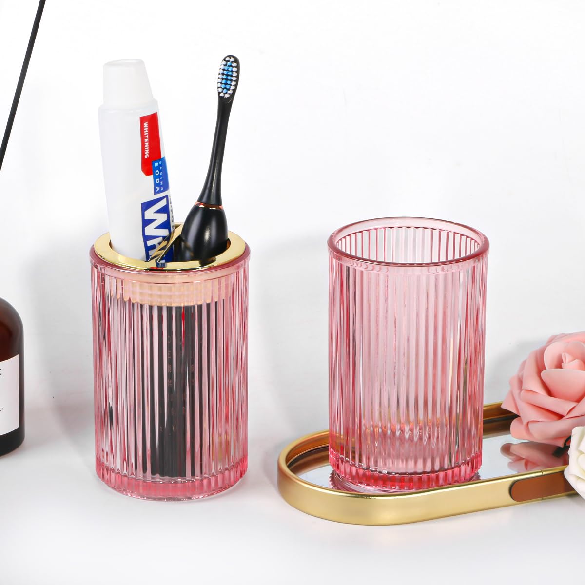 Tonxus Pink Toothbrush Holders for Bathrooms, 2pcs Glass Toothbrush Holder, 12oz Gold Bathroom Tumbler Cup and Mouthwash Cup, To